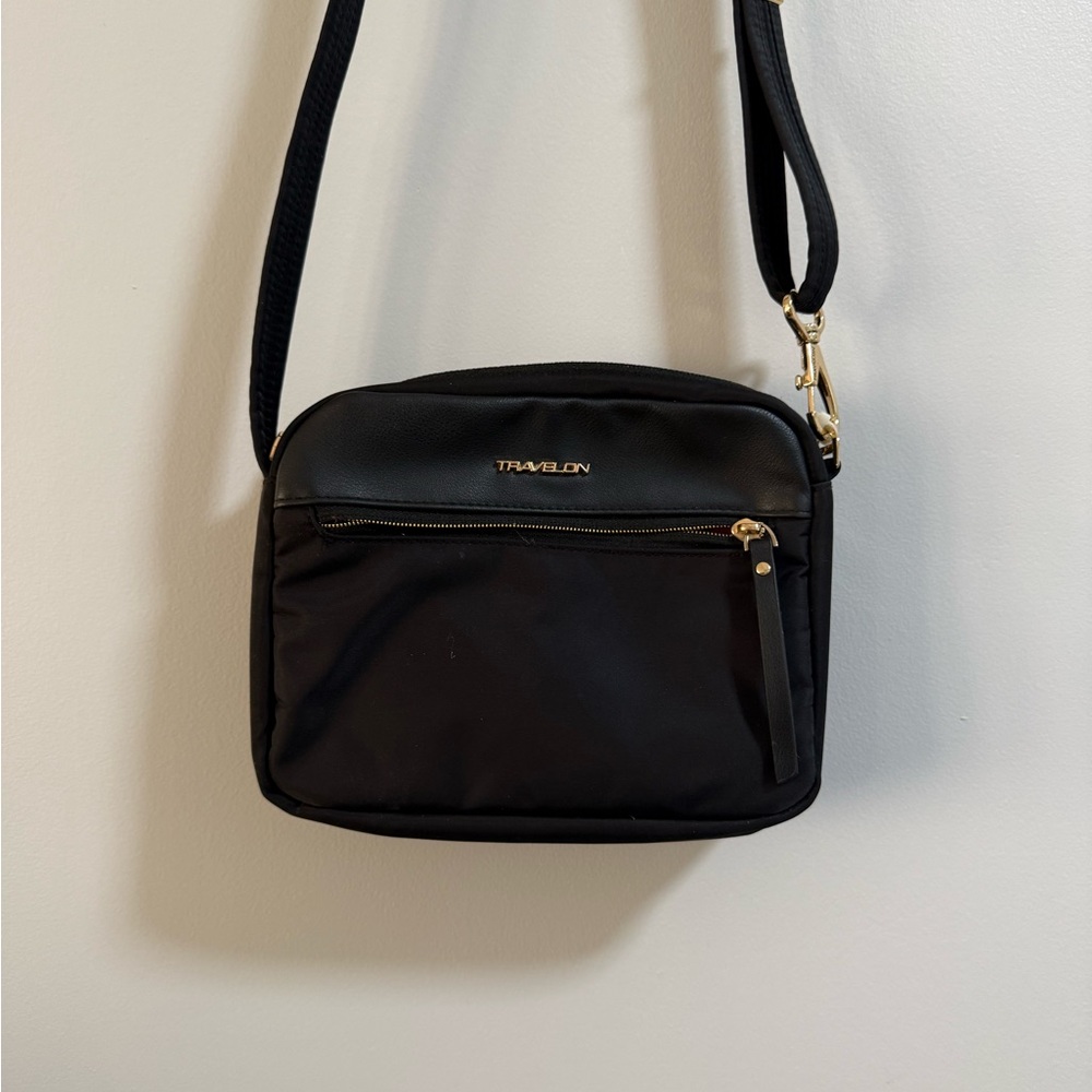 Travelon Black Crossbody Bag with Gold Accents and RFID Protection